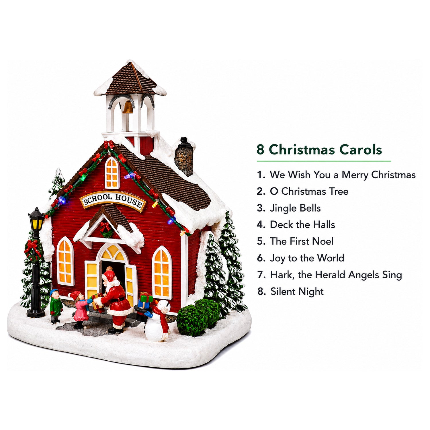 Christmas Village LED Lighted School LED Lights, 8 Classic Carols Christmas Music, Adapter or Battery Operated