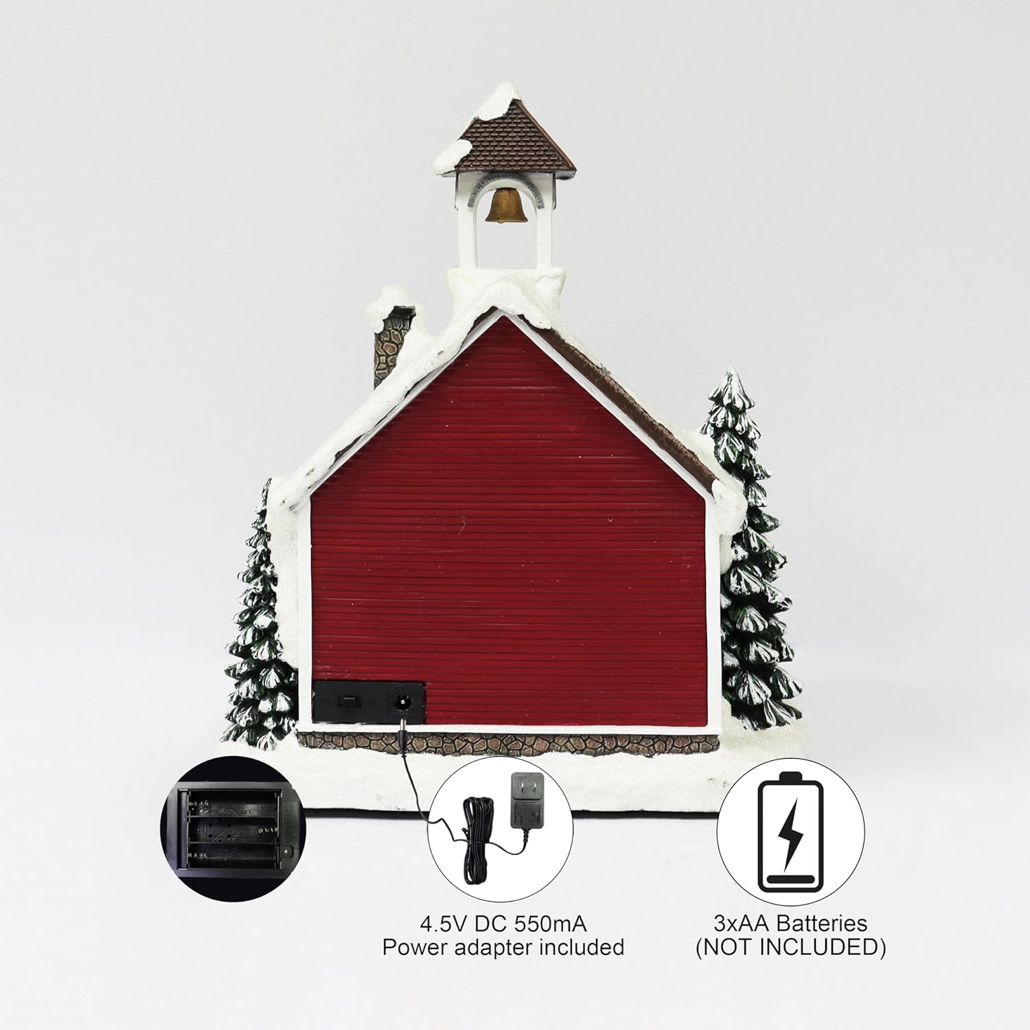 Christmas Village LED Lighted School LED Lights, 8 Classic Carols Christmas Music, Adapter or Battery Operated