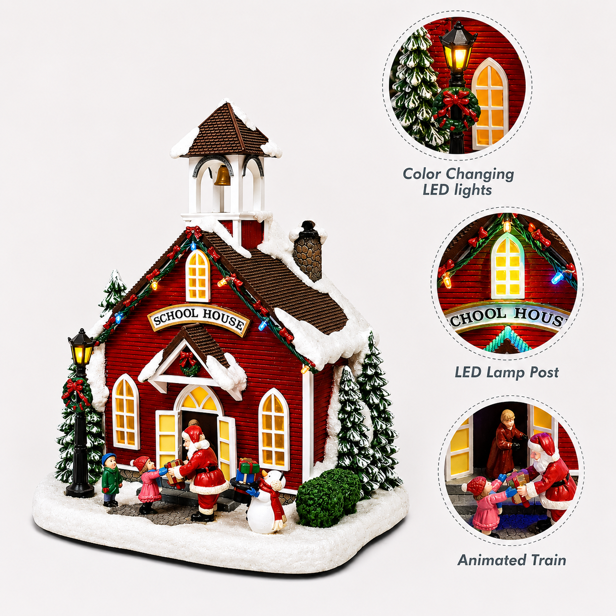 Christmas Village LED Lighted School LED Lights, 8 Classic Carols Christmas Music, Adapter or Battery Operated