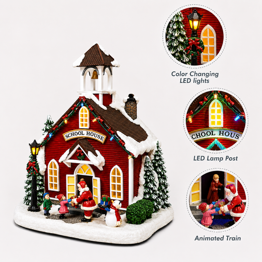 Christmas Village LED Lighted School LED Lights, 8 Classic Carols Christmas Music, Adapter or Battery Operated