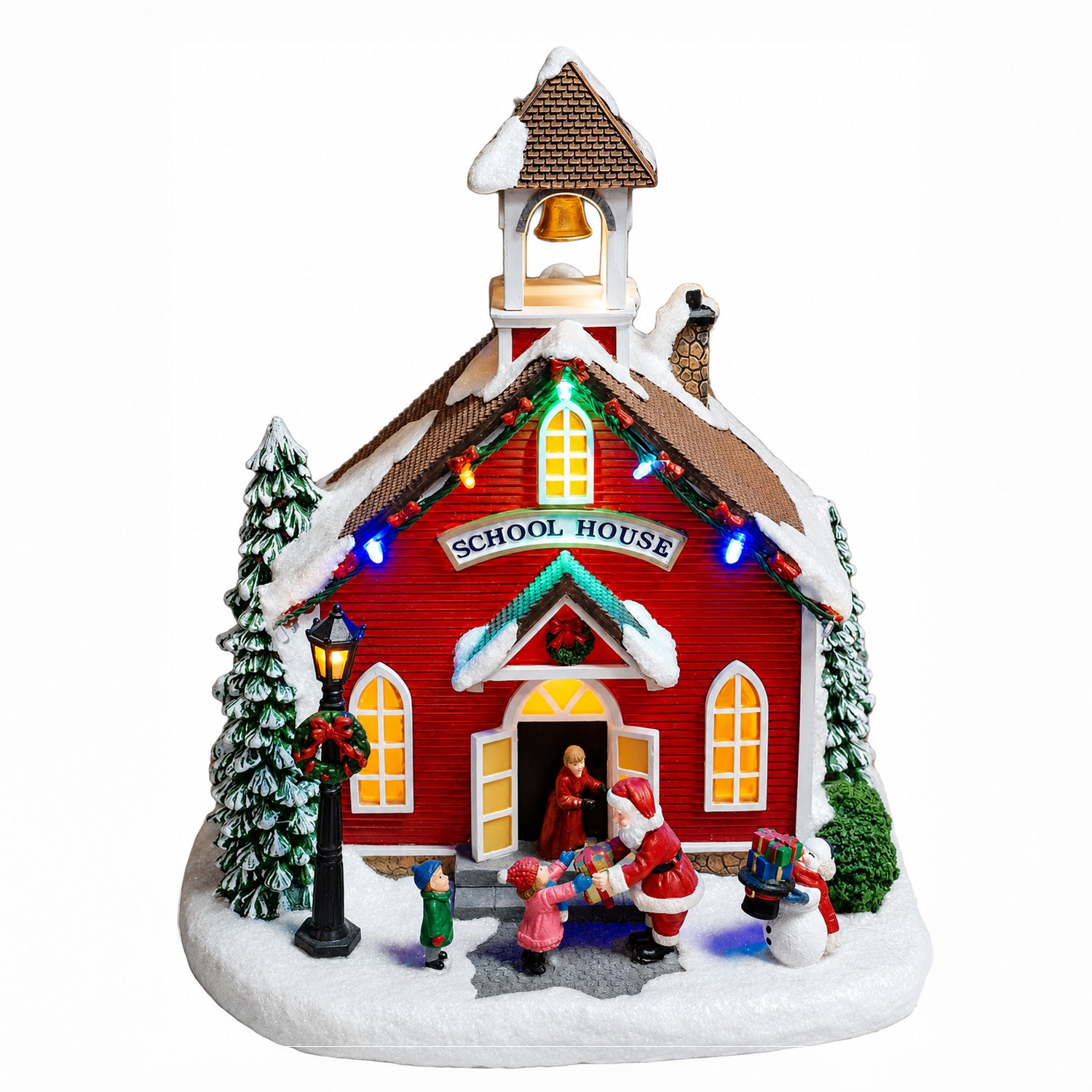 Christmas Village LED Lighted School LED Lights, 8 Classic Carols Christmas Music, Adapter or Battery Operated