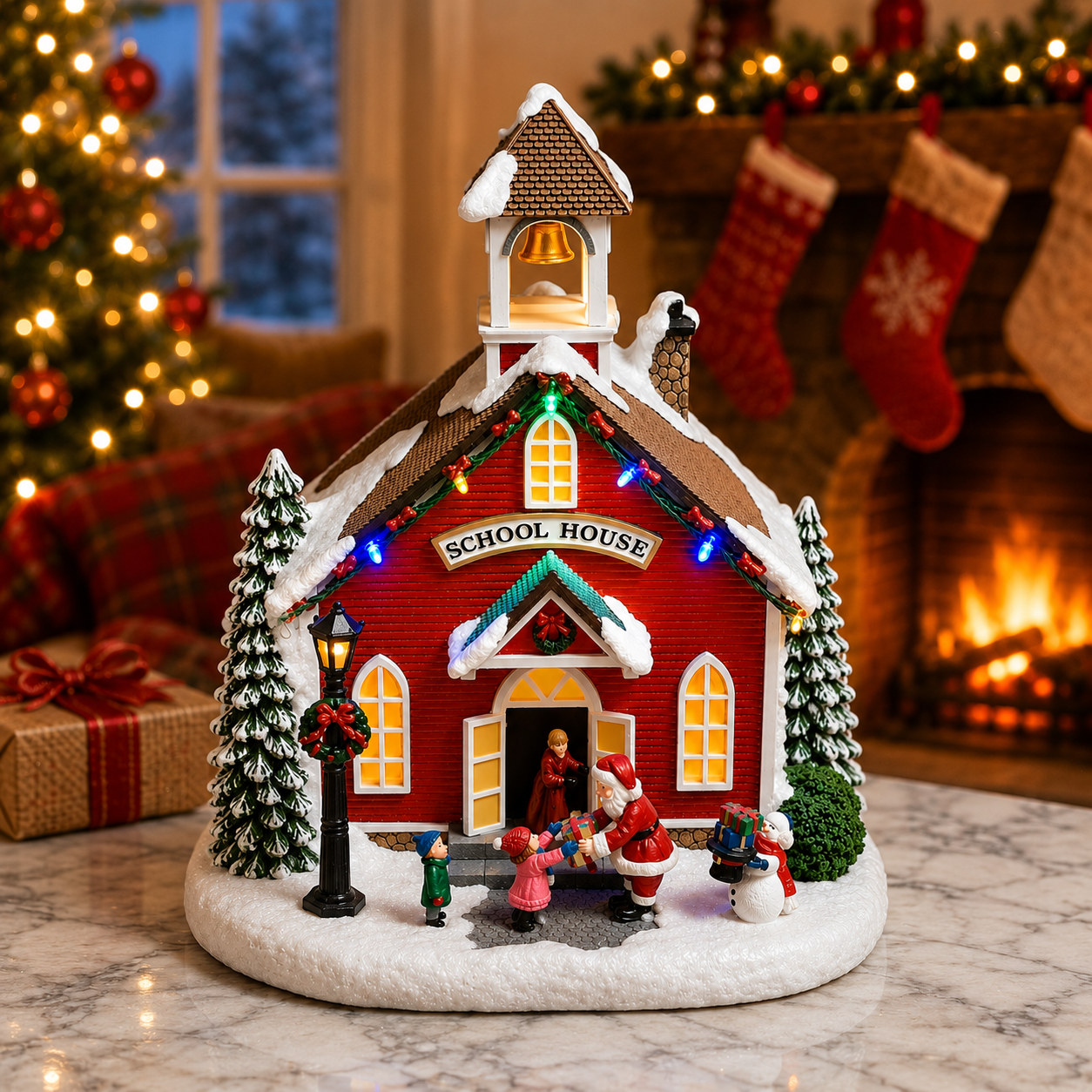 Christmas Village LED Lighted School LED Lights, 8 Classic Carols Christmas Music, Adapter or Battery Operated