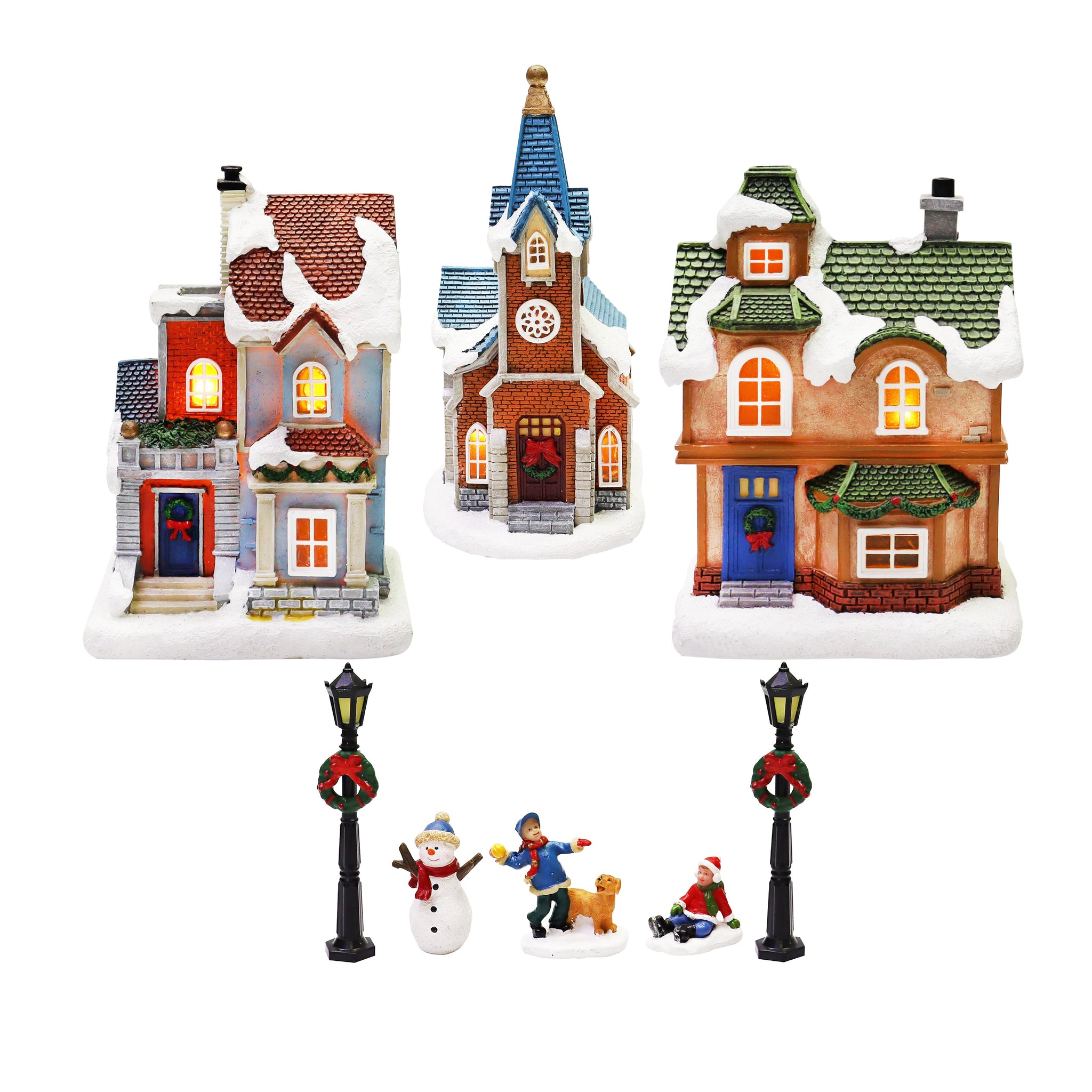 Christmas Village Set 12-Piece with LED Lights Miniature Christmas Houses Lighted Holiday Décor