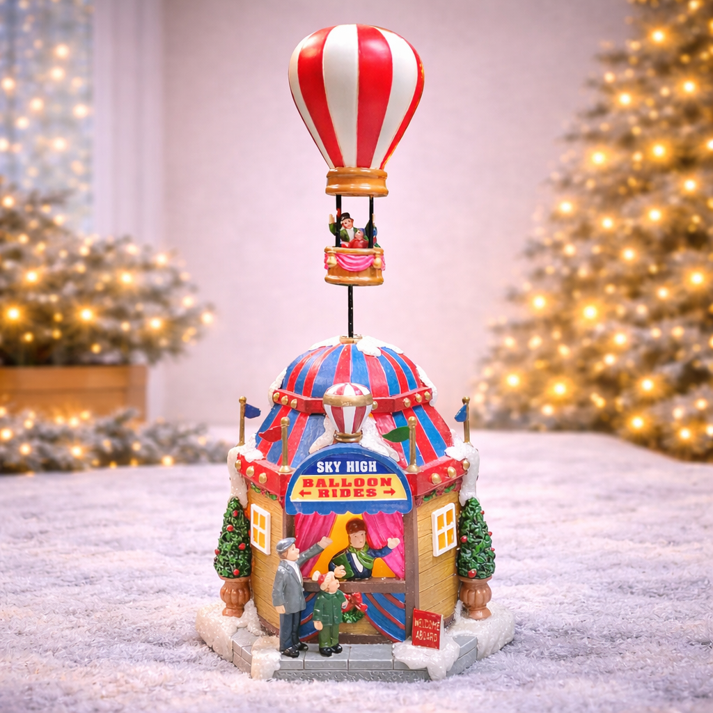 Christmas Village Sky High Hot Air Balloon Rides 12.2”H Animated Lighted Musical Scene