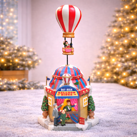 Christmas Village Sky High Hot Air Balloon Rides 12.2”H Animated Lighted Musical Scene