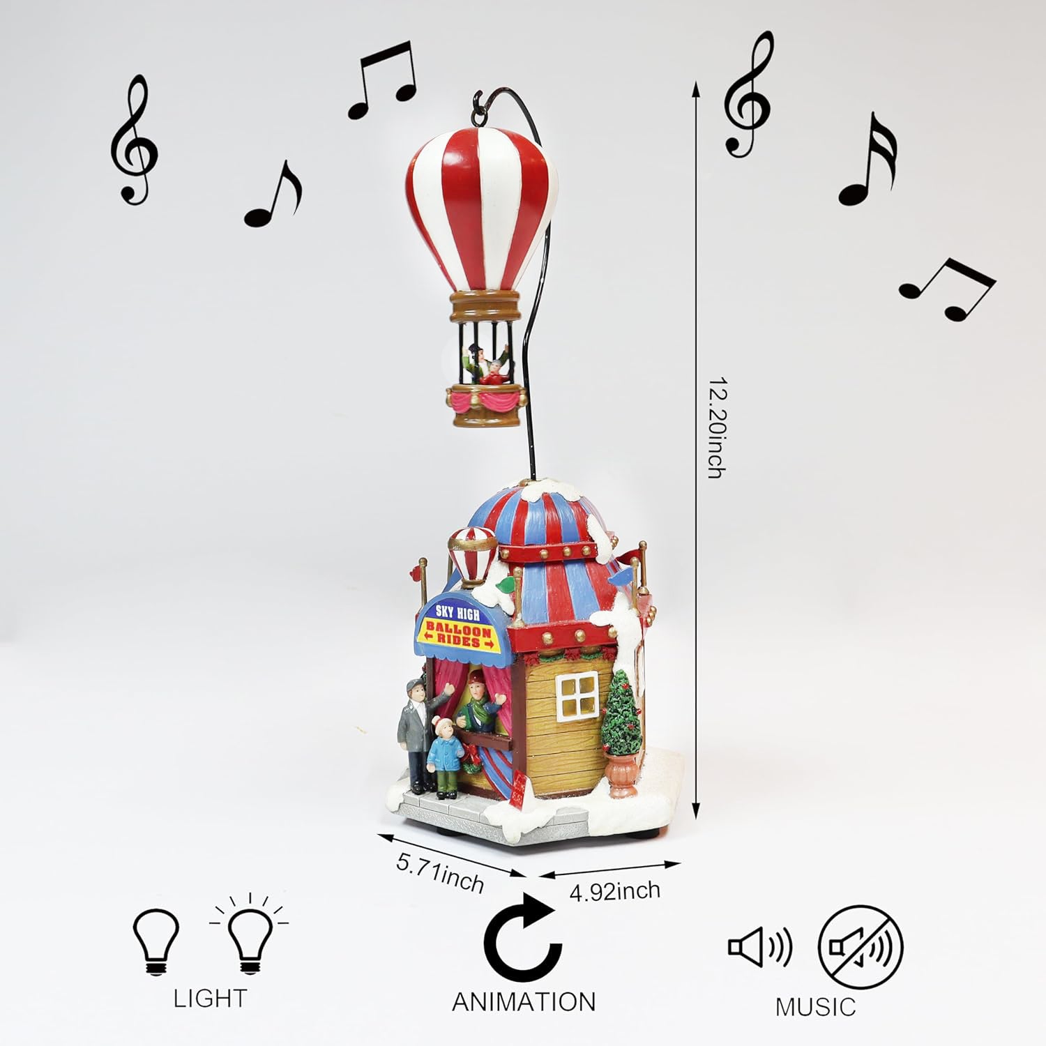 Christmas Village Sky High Hot Air Balloon Rides 12.2”H Animated Lighted Musical Scene