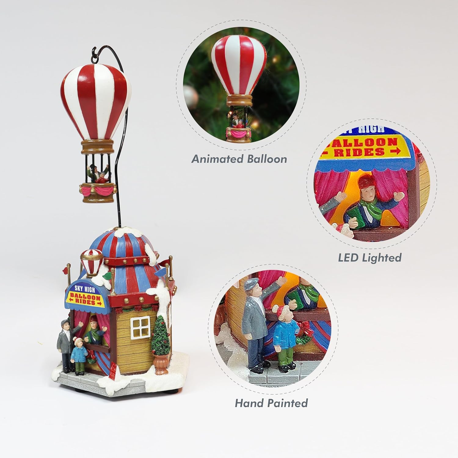 Christmas Village Sky High Hot Air Balloon Rides 12.2”H Animated Lighted Musical Scene