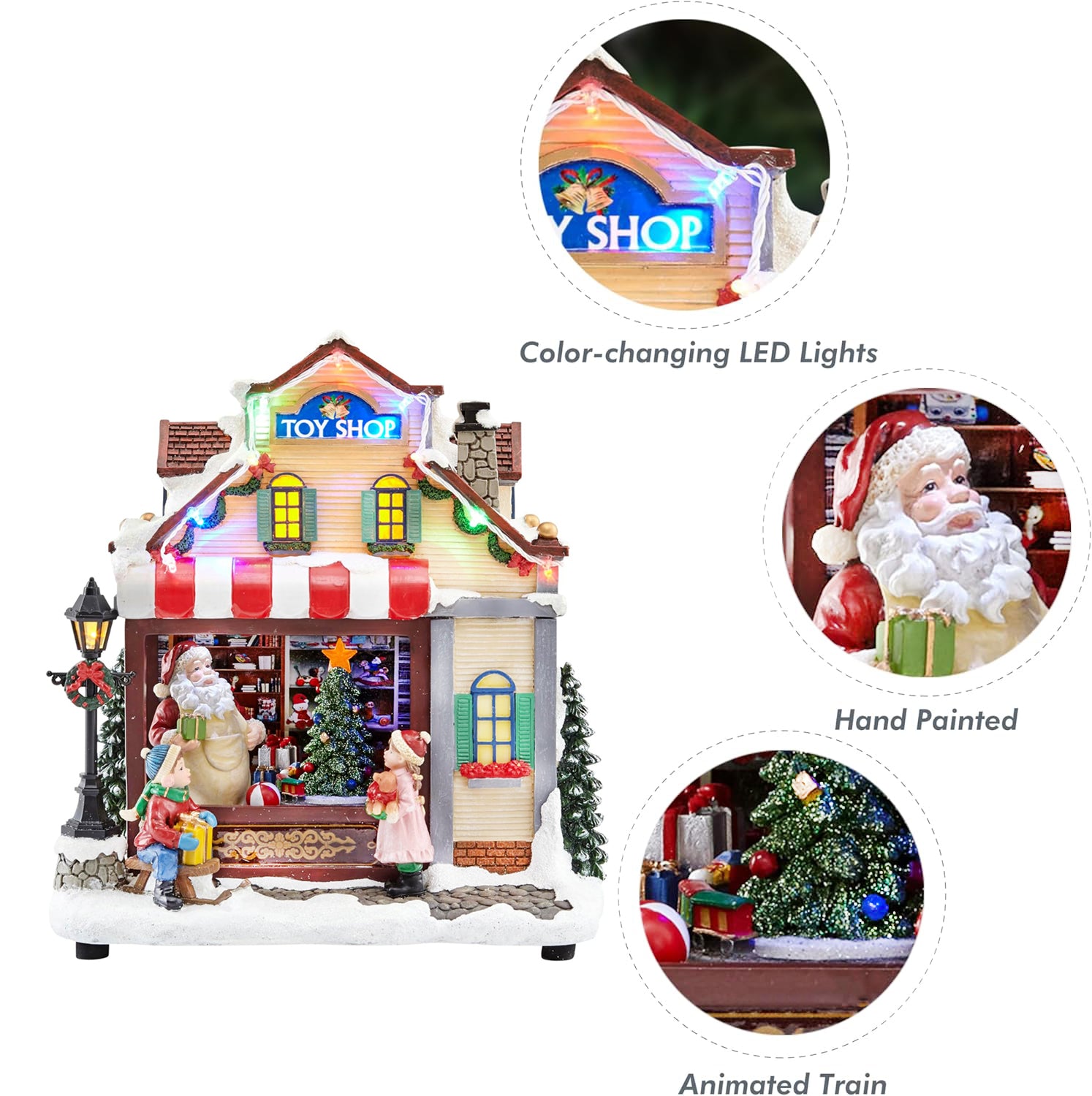 Animated Christmas Village Toy Shop with LED Lights Music and Moving Train