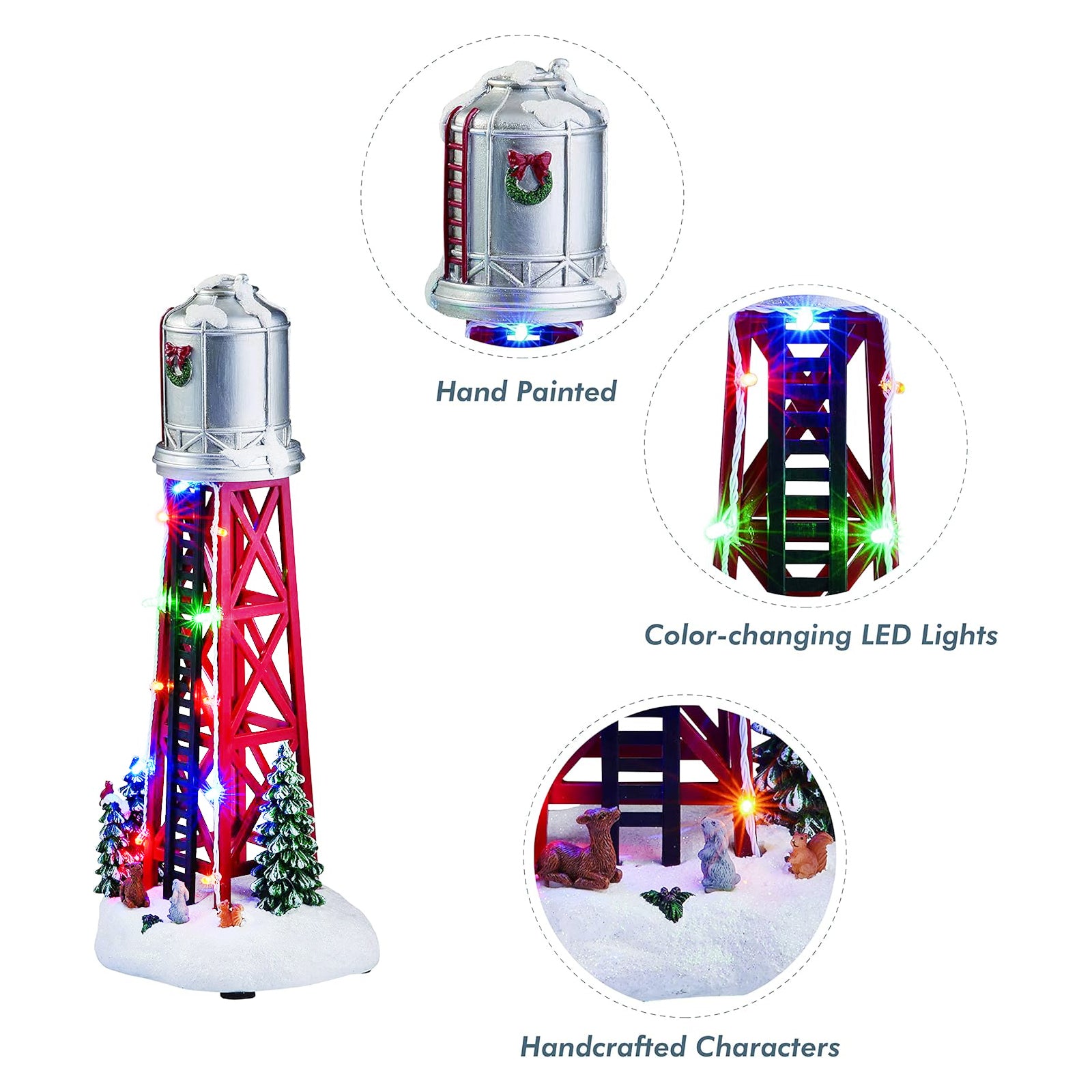 Christmas Village Water Tower Hand-Painted Light Up Tower with LED Lights