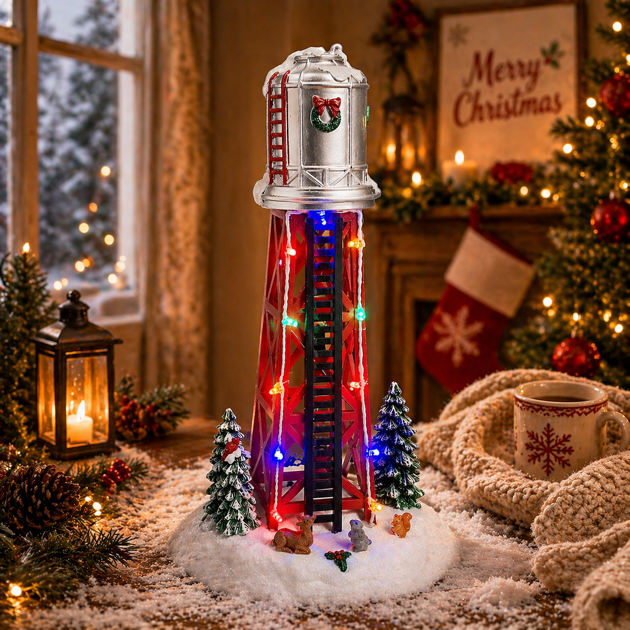 Christmas Village Water Tower Hand-Painted Light Up Tower with LED Lights