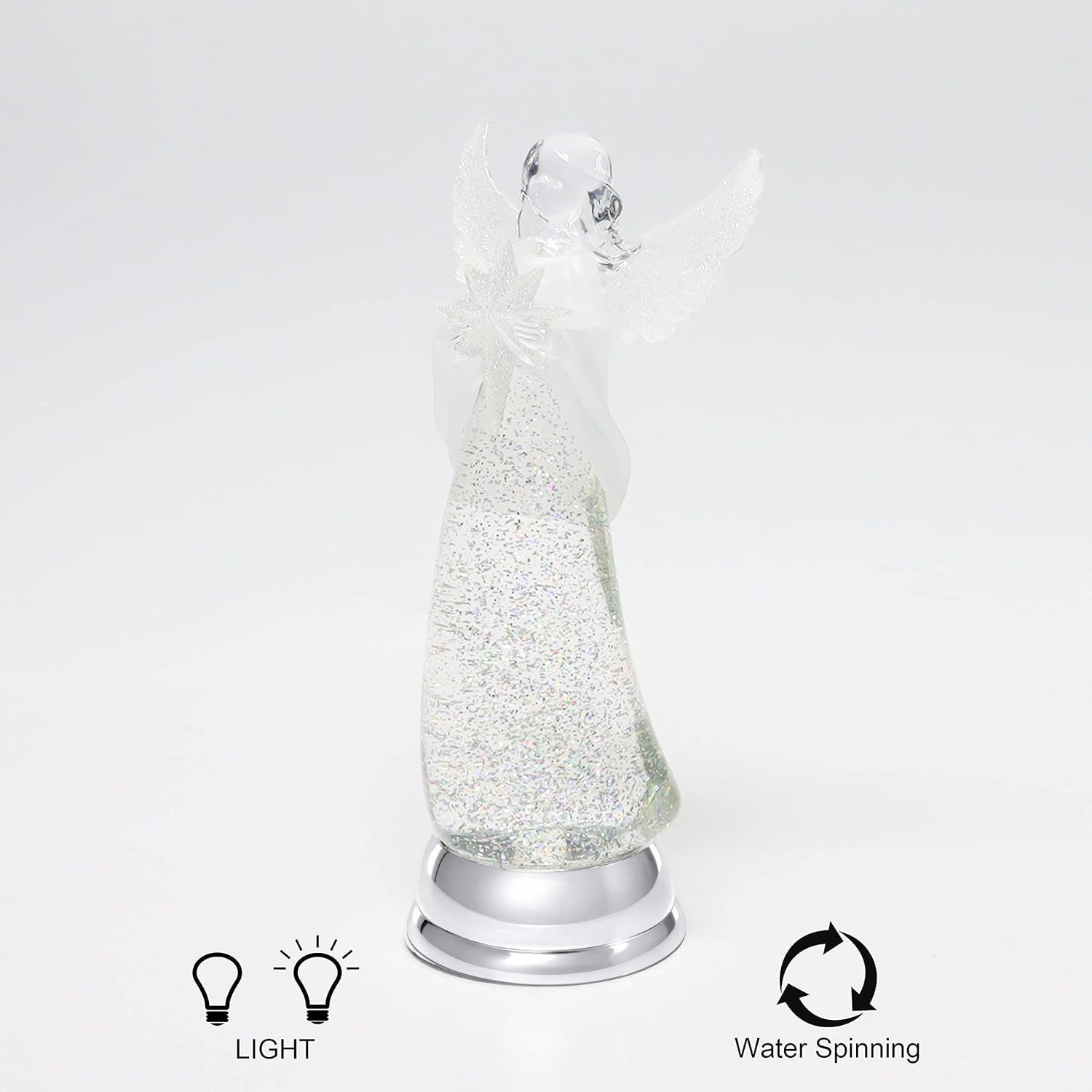 Light Up Angel Snow Globe Water Spinner LED Glitter Angel Figurine 12.8 Inch Holiday Tabletop