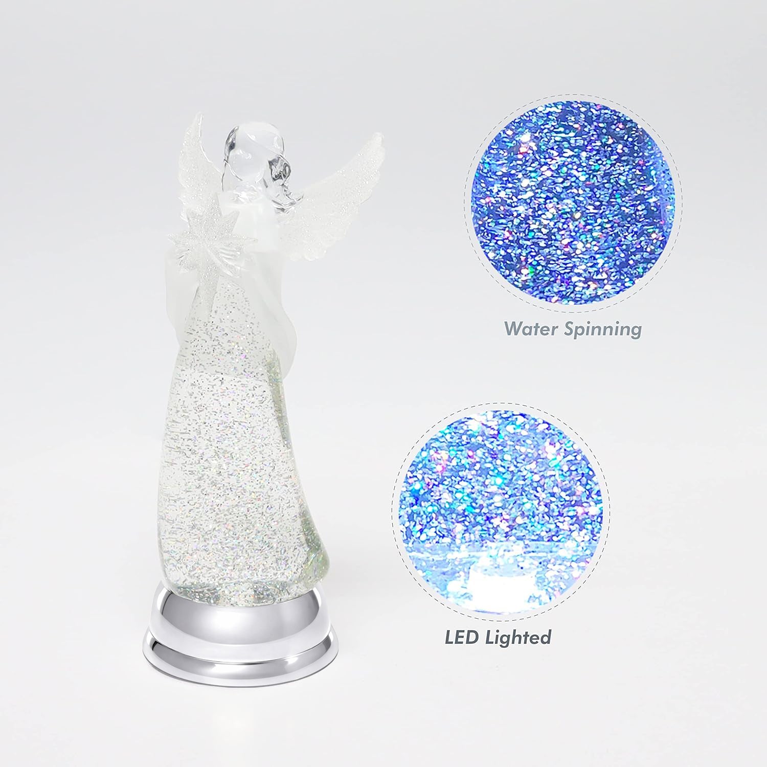 Light Up Angel Snow Globe Water Spinner LED Glitter Angel Figurine 12.8 Inch Holiday Tabletop