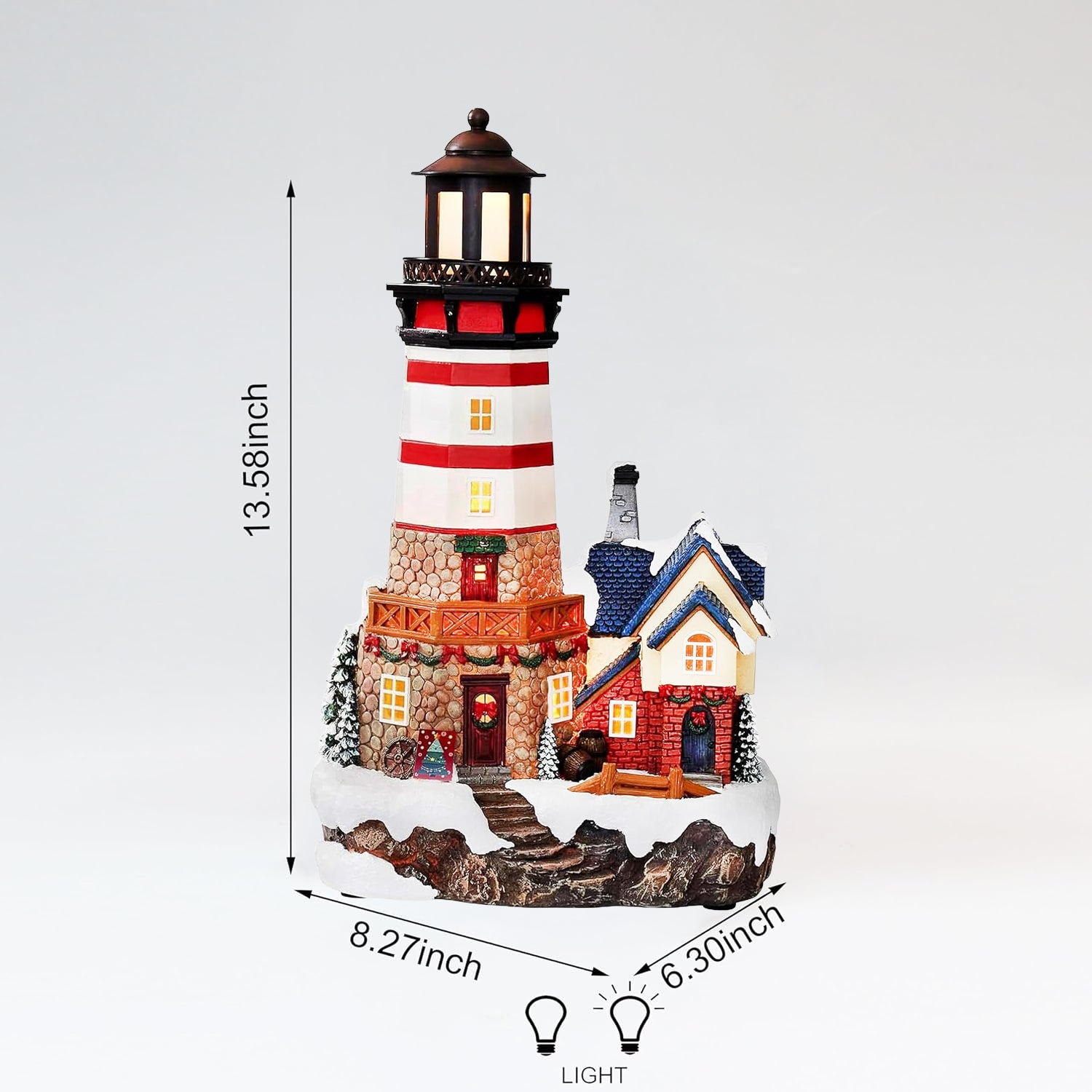 Christmas Lighthouse 13.58”H Handcrafted Polyresin LED Holiday Village Scene with Coastal House Light Up Christmas Decoration with Power Adapter