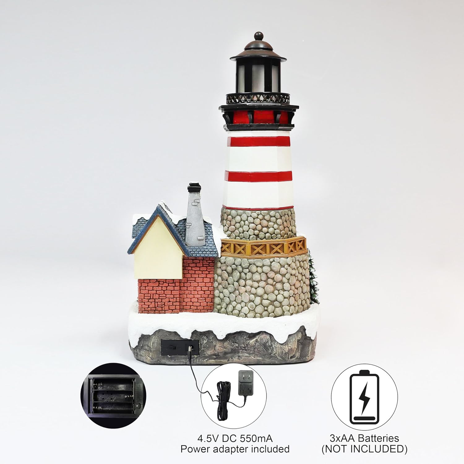 Christmas Lighthouse 13.58”H Handcrafted Polyresin LED Holiday Village Scene with Coastal House Light Up Christmas Decoration with Power Adapter