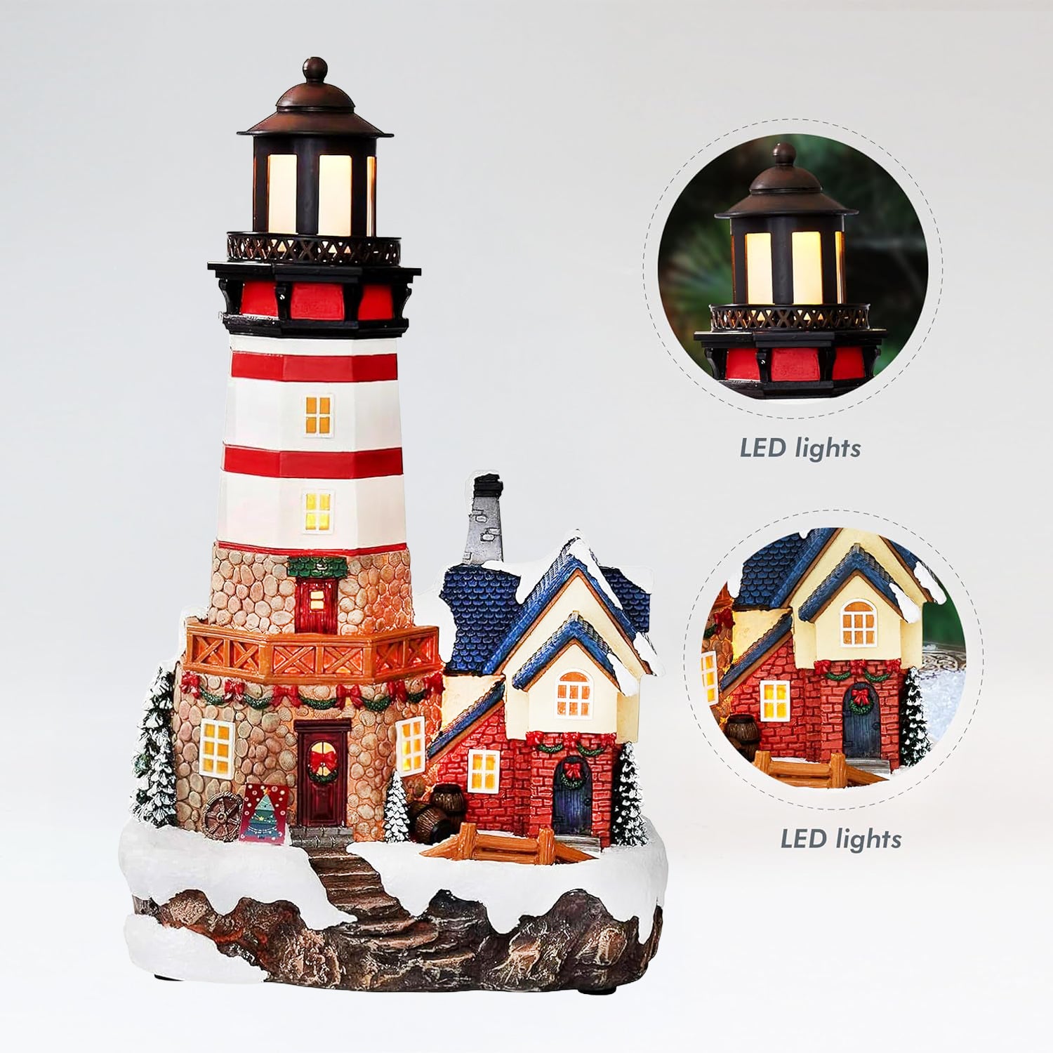 Christmas Lighthouse 13.58”H Handcrafted Polyresin LED Holiday Village Scene with Coastal House Light Up Christmas Decoration with Power Adapter