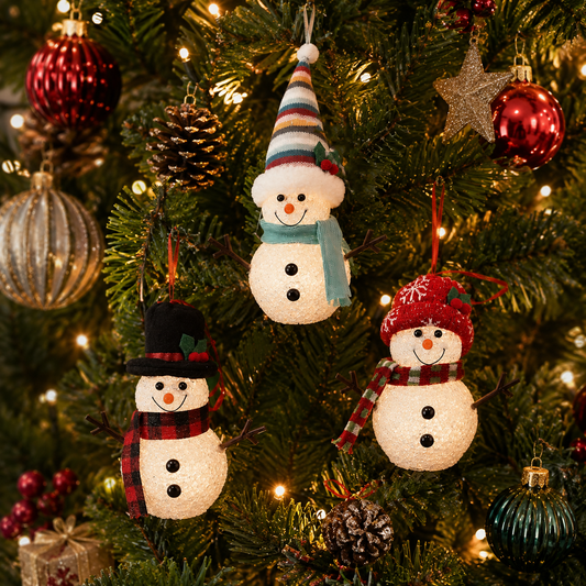Christmas Snowman Ornaments Set of 3 Battery Operated LED Light-Up