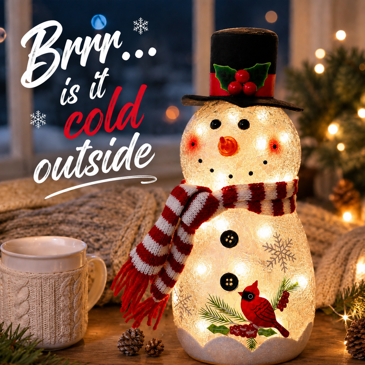 Christmas Tabletop Decor, LED Lighted Glass Snowman, Battery Operated