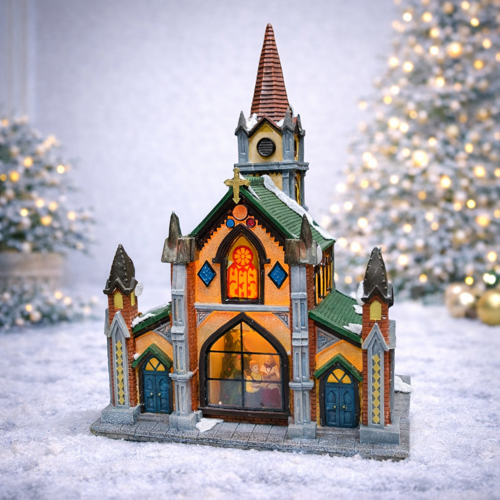 Cathedral Church Hand-Painted Polyresin Lighted Building with LED Lights