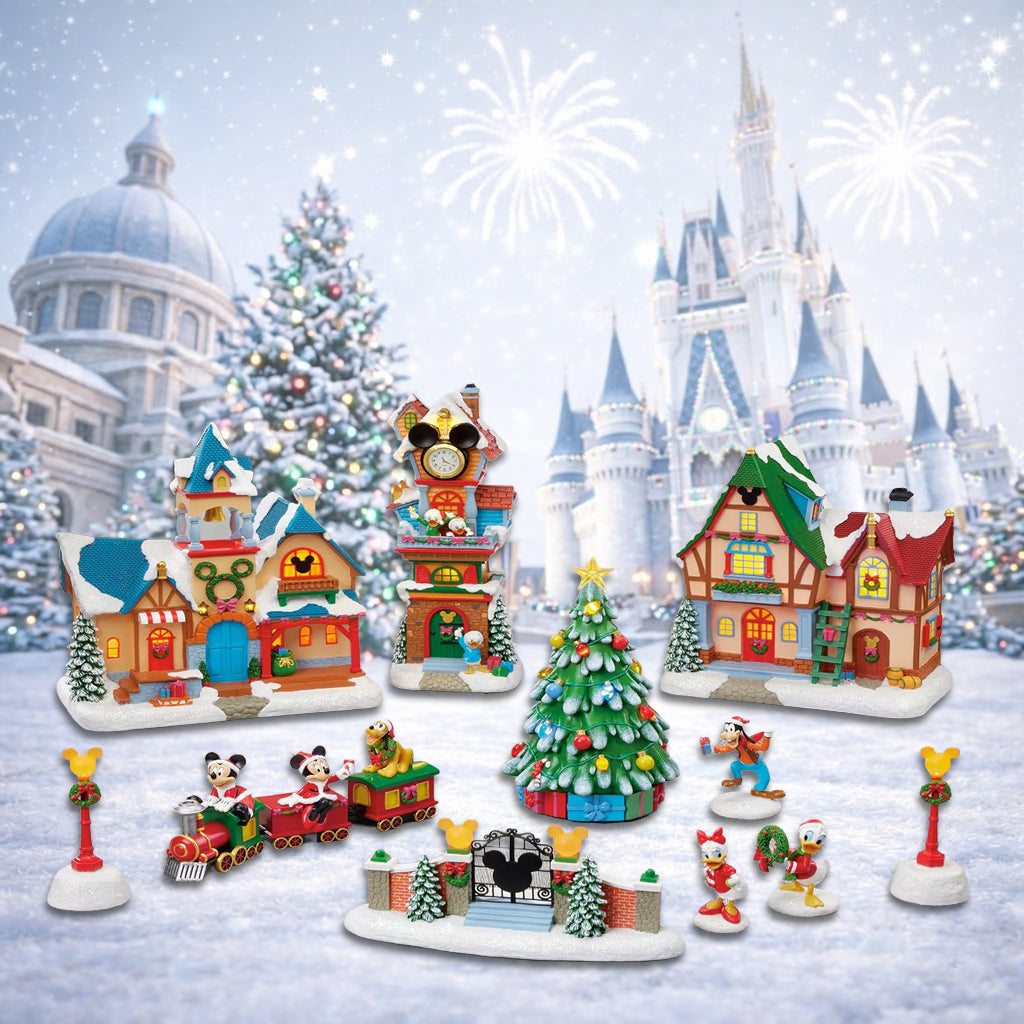 Disney Christmas Village Collection 13 Pieces with LED Lights, Music & Timer Hand Painted Buildings and Cartoon Characters Battery Operated Holiday Decoration