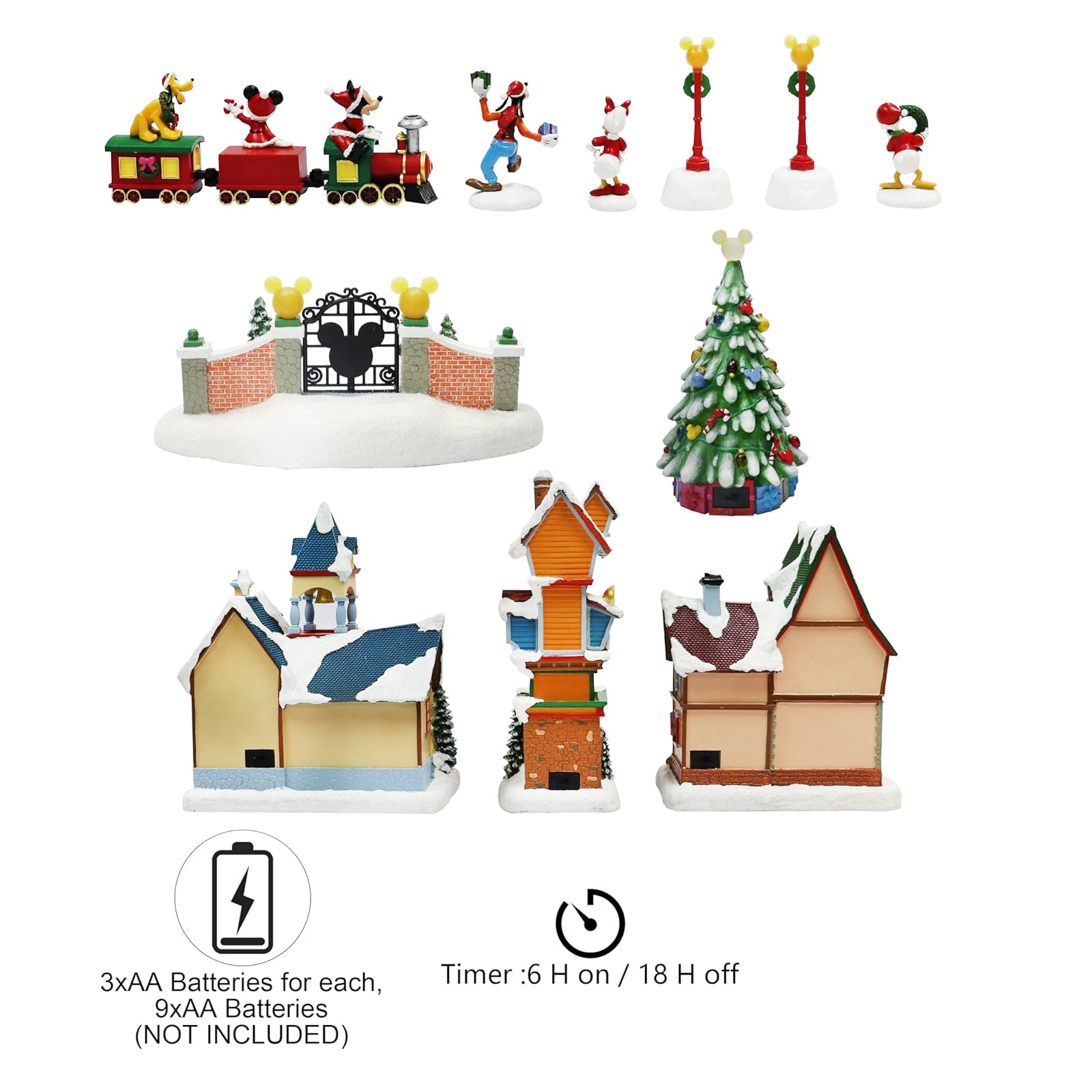 Disney Christmas Village Collection 13 Pieces with LED Lights, Music & Timer Hand Painted Buildings and Cartoon Characters Battery Operated Holiday Decoration
