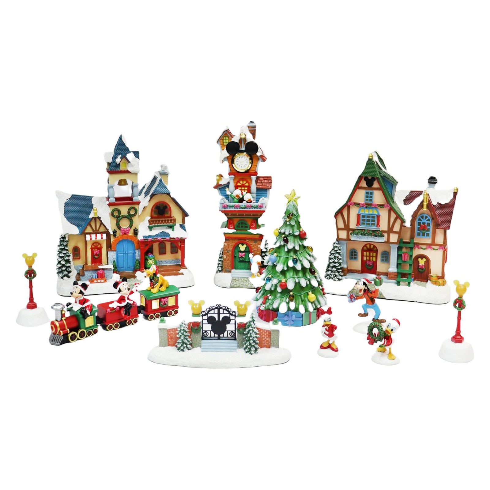 Disney Christmas Village Collection 13 Pieces with LED Lights, Music & Timer Hand Painted Buildings and Cartoon Characters Battery Operated Holiday Decoration