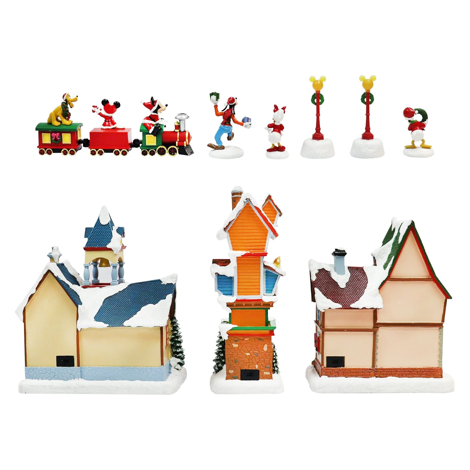 Disney Christmas Village Collection 13 Pieces with LED Lights, Music & Timer Hand Painted Buildings and Cartoon Characters Battery Operated Holiday Decoration