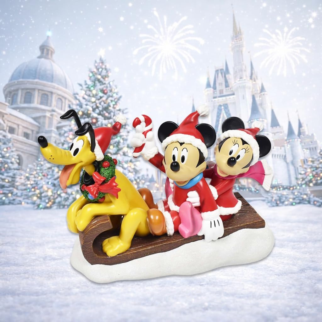 Disney Mickey Minnie & Pluto Christmas Figurine Santa Outfit Sled Decoration 10”H