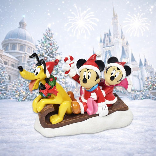 Disney Mickey Minnie & Pluto Christmas Figurine Santa Outfit Sled Decoration 10”H