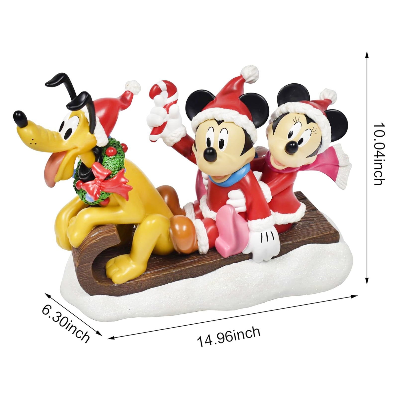 Disney Mickey Minnie & Pluto Christmas Figurine Santa Outfit Sled Decoration 10”H