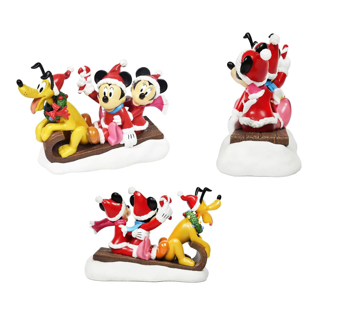 Disney Mickey Minnie & Pluto Christmas Figurine Santa Outfit Sled Decoration 10”H