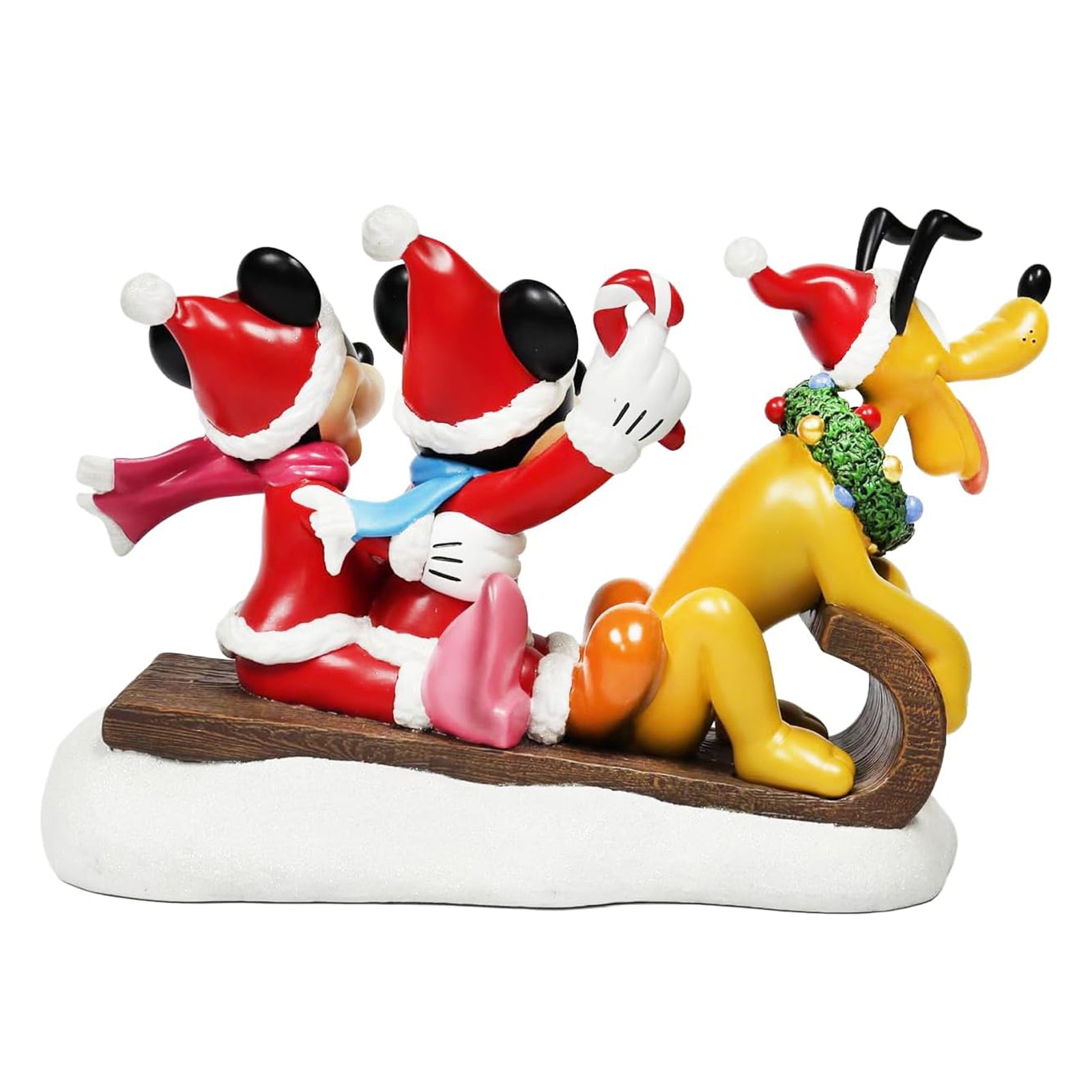 Disney Mickey Minnie & Pluto Christmas Figurine Santa Outfit Sled Decoration 10”H