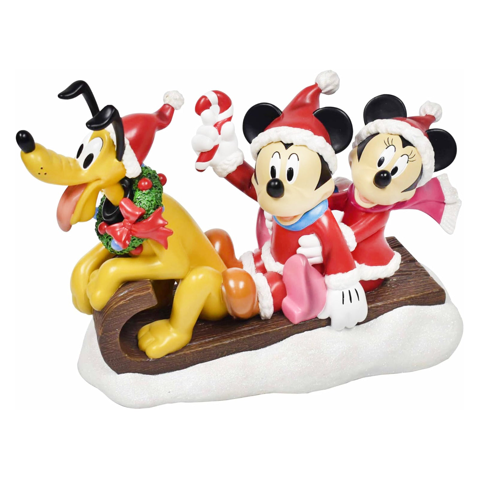 Disney Mickey Minnie & Pluto Christmas Figurine Santa Outfit Sled Decoration 10”H