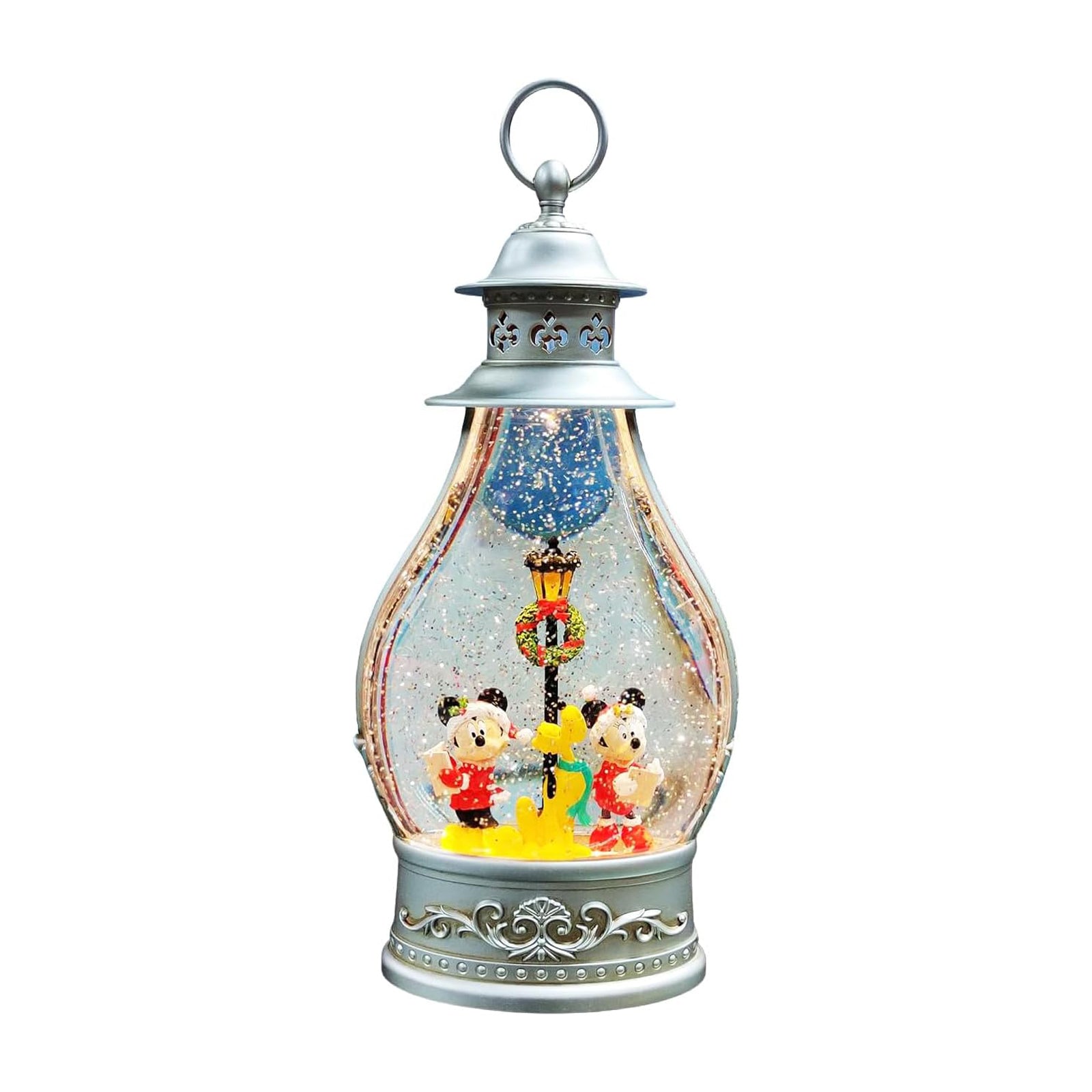 Disney Water Spinning Christmas Lantern by Moments in Time Lighted Holiday Decoration with Mickey, Minnie & Pluto Glitter Swirl Snow Globe