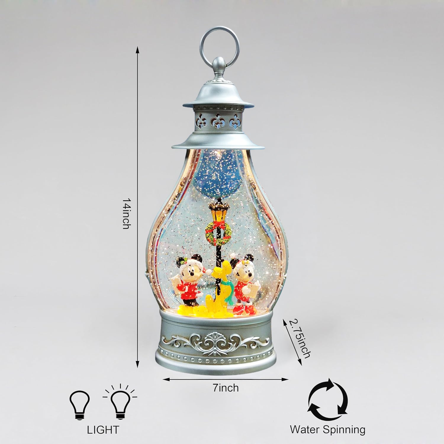 Disney Water Spinning Christmas Lantern by Moments in Time Lighted Holiday Decoration with Mickey, Minnie & Pluto Glitter Swirl Snow Globe