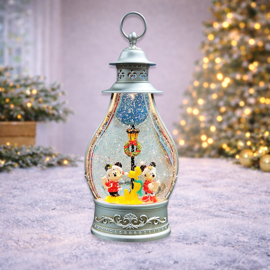 Disney Water Spinning Christmas Lantern by Moments in Time Lighted Holiday Decoration with Mickey, Minnie & Pluto Glitter Swirl Snow Globe
