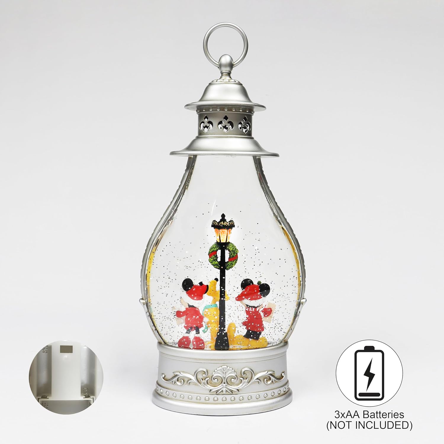 Disney Water Spinning Christmas Lantern by Moments in Time Lighted Holiday Decoration with Mickey, Minnie & Pluto Glitter Swirl Snow Globe