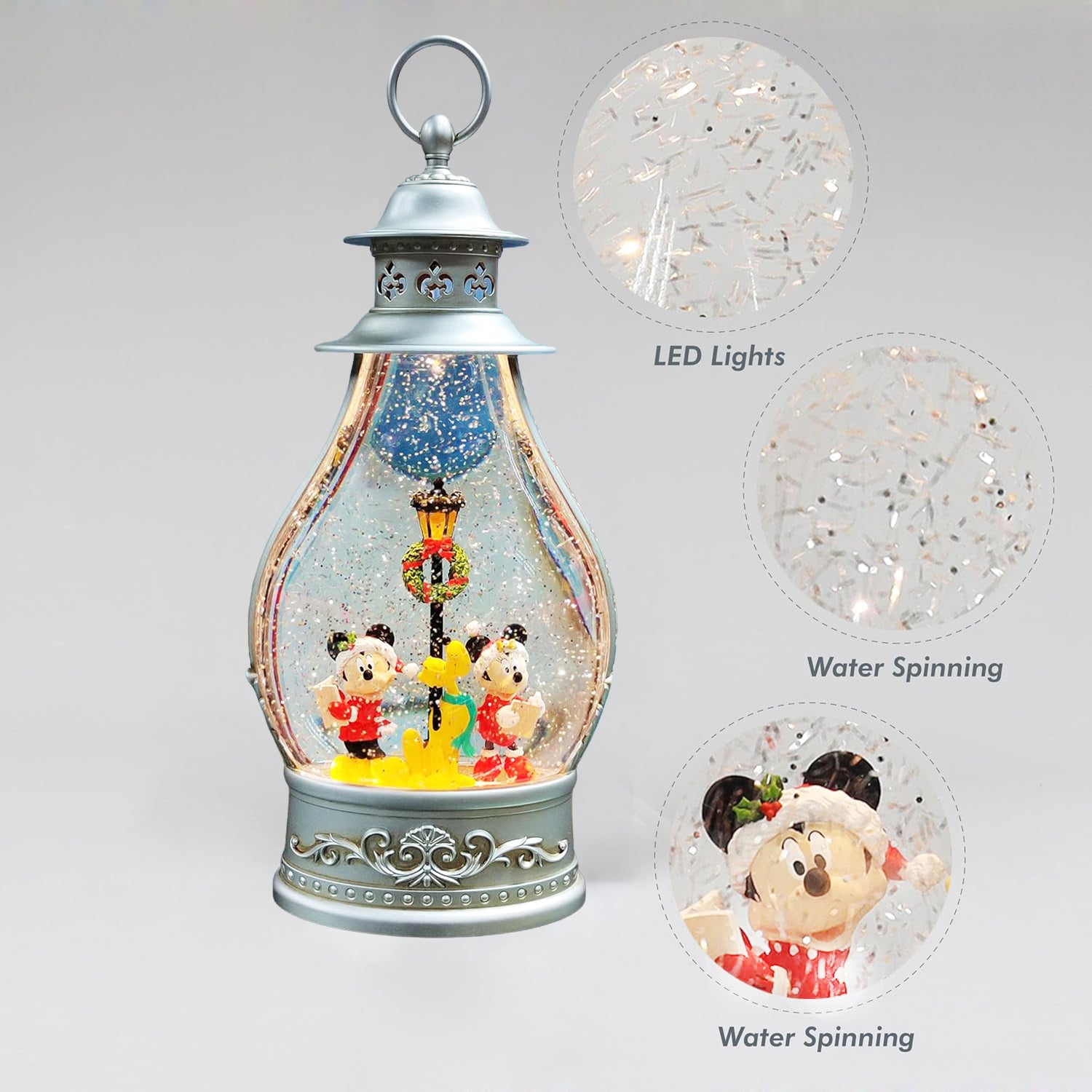 Disney Water Spinning Christmas Lantern by Moments in Time Lighted Holiday Decoration with Mickey, Minnie & Pluto Glitter Swirl Snow Globe