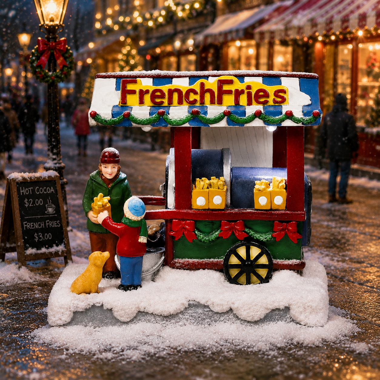 French Fries Wagon Cart LED Lights Battery Operated Christmas Village Hand-Painted Polyresin