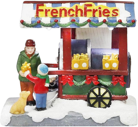 French Fries Wagon Cart LED Lights Battery Operated Christmas Village Hand-Painted Polyresin