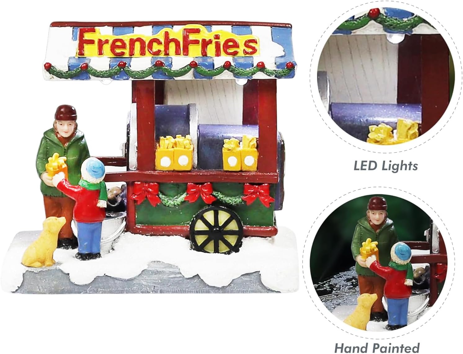 French Fries Wagon Cart LED Lights Battery Operated Christmas Village Hand-Painted Polyresin
