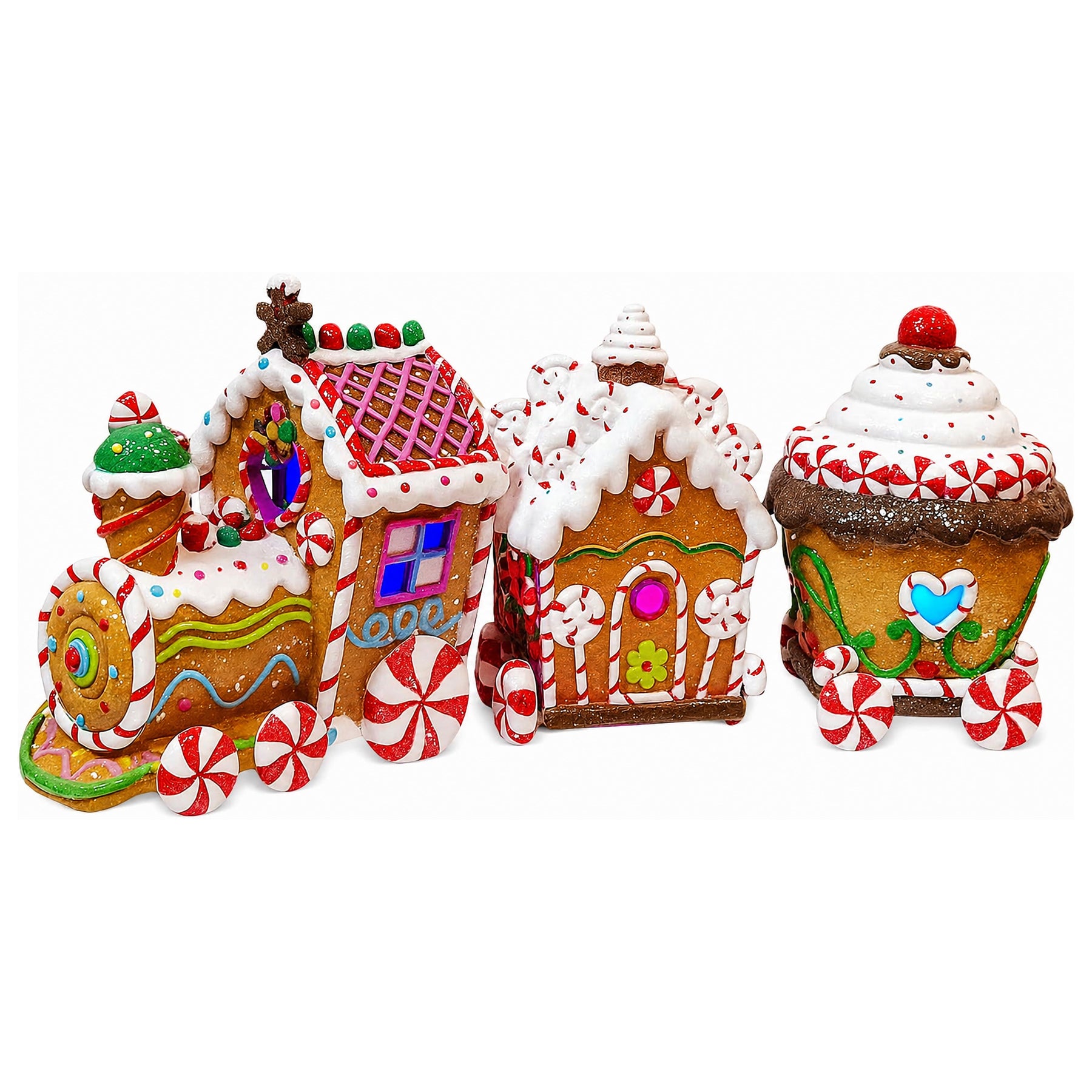 Gingerbread Train Set Handcrafted Light Up Christmas Train