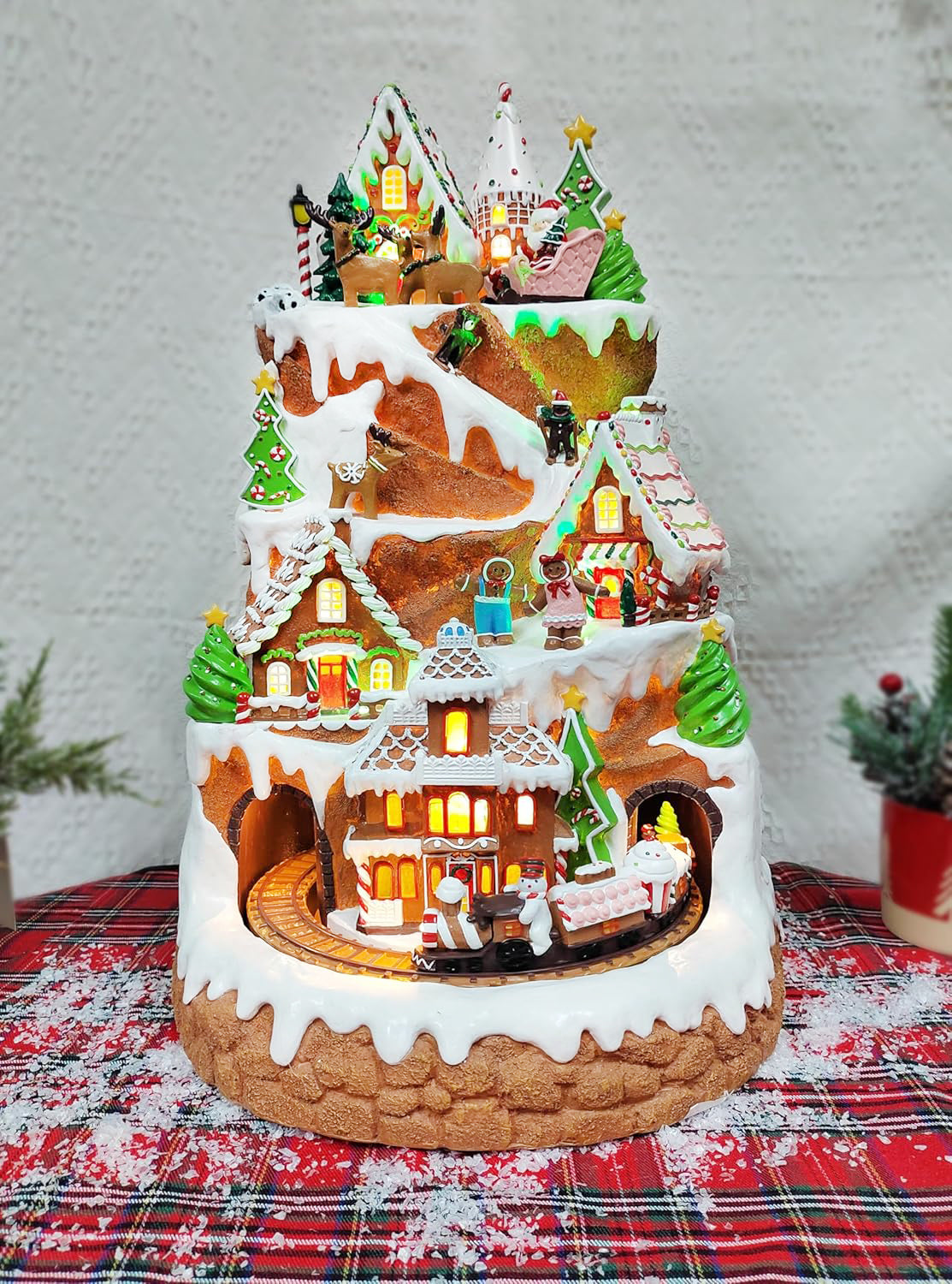 Gingerbread Mountain Christmas Village 21” Moving Train & Santa Sleigh