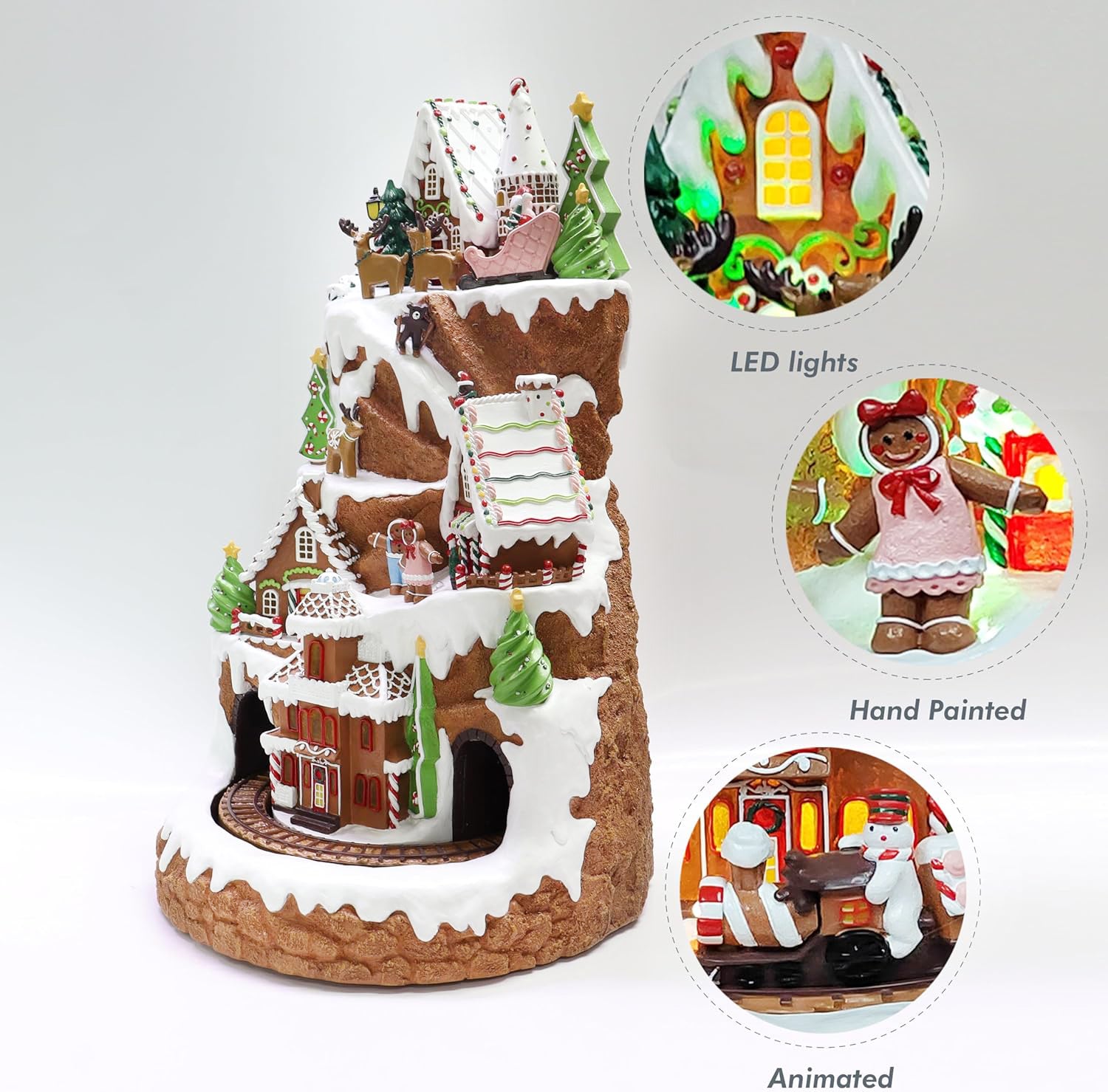 Gingerbread Mountain Christmas Village 21” Moving Train & Santa Sleigh