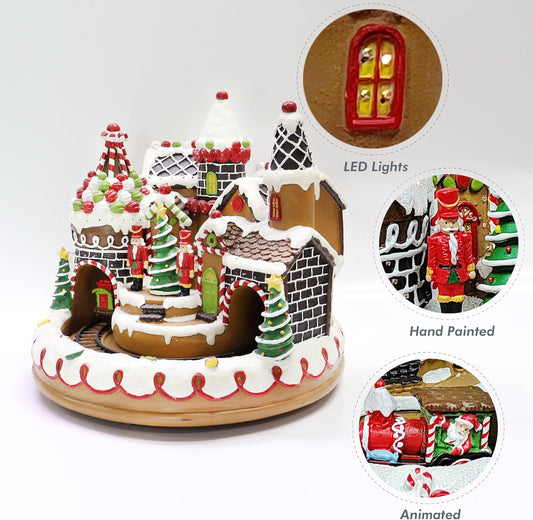 Animated Gingerbread Train Station 10.63” with Moving Train