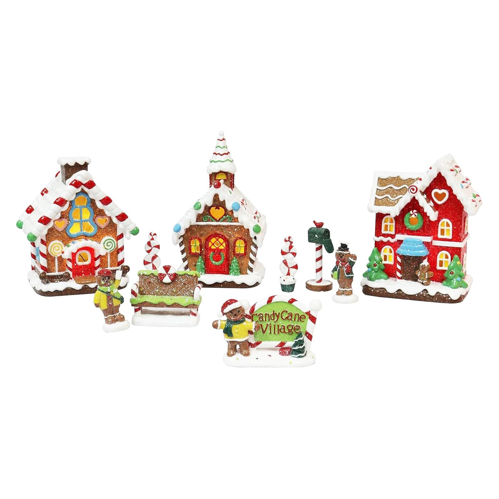 Gingerbread Village 10-Piece Set LED Lighted Christmas Village Scene Handcrafted Polyresin Holiday Décor Battery Operated Light Up Gingerbread Houses