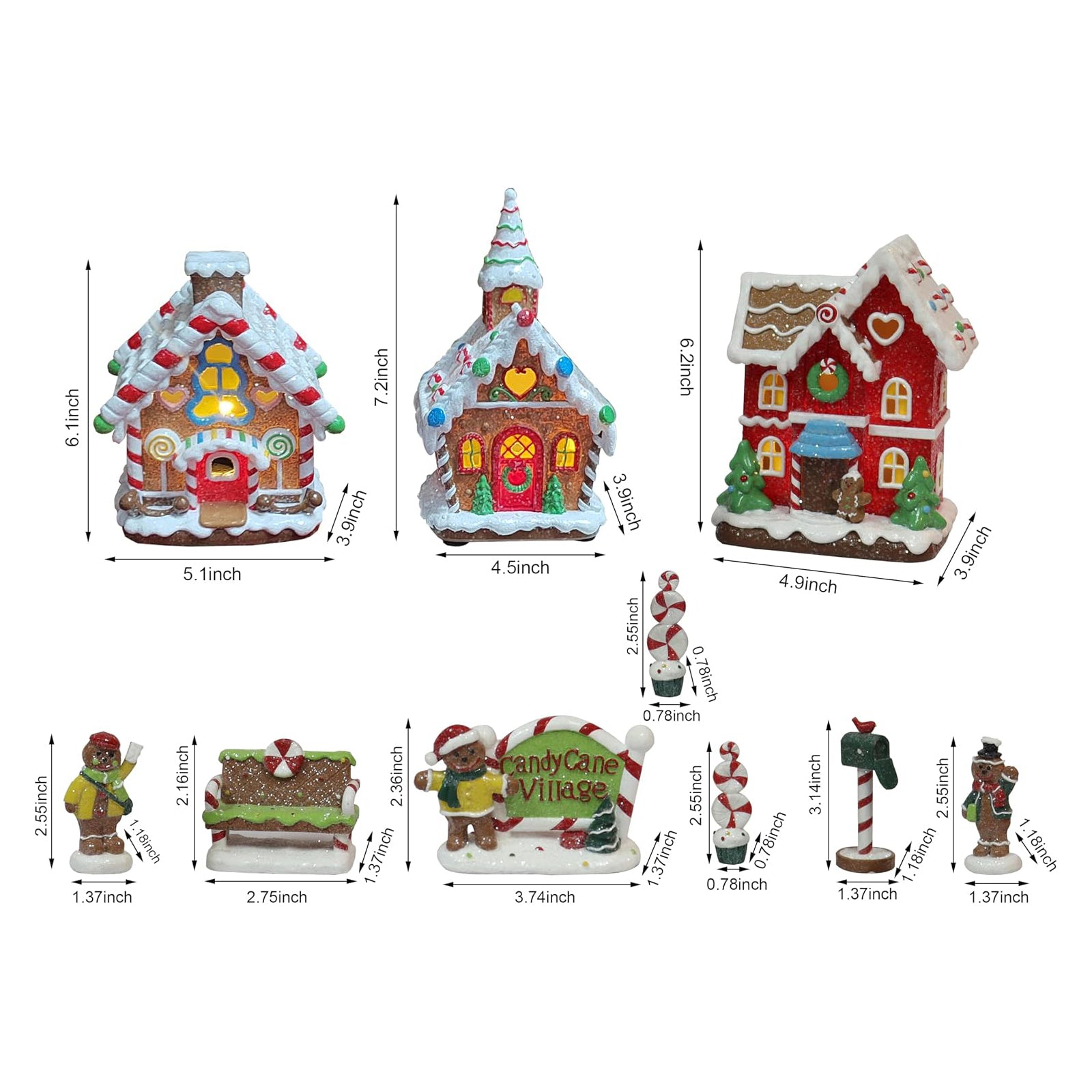 Gingerbread Village 10-Piece Set LED Lighted Christmas Village Scene Handcrafted Polyresin Holiday Décor Battery Operated Light Up Gingerbread Houses