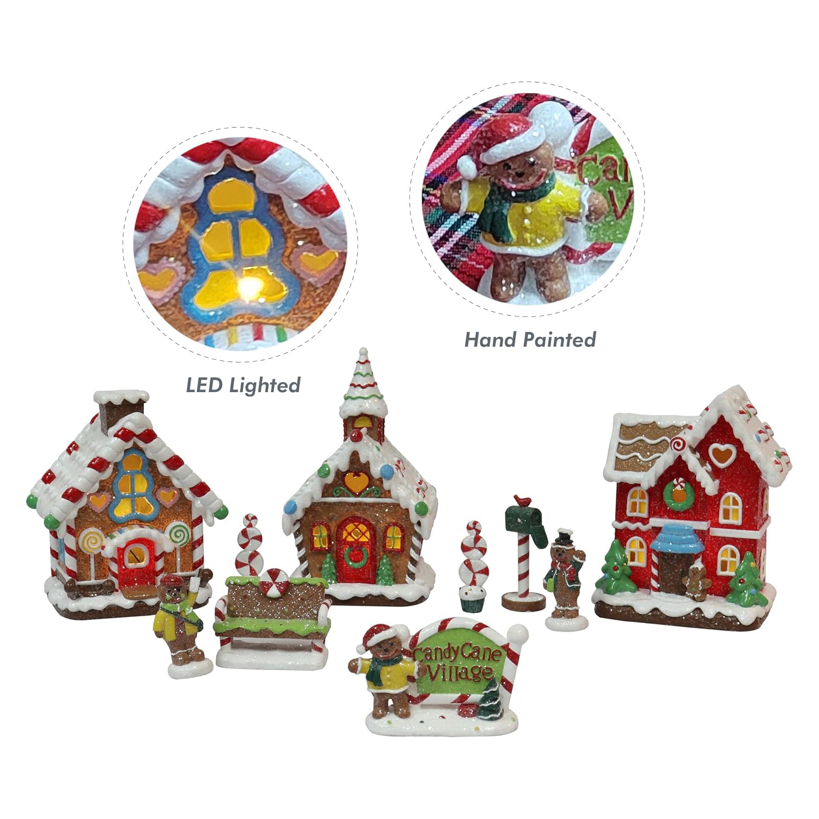 Gingerbread Village 10-Piece Set LED Lighted Christmas Village Scene Handcrafted Polyresin Holiday Décor Battery Operated Light Up Gingerbread Houses