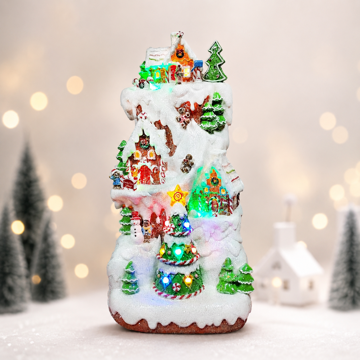 Gingerbread Village Multi-Tiered Mountain 15.75”H LED Lighted Christmas Scene Music Handcrafted