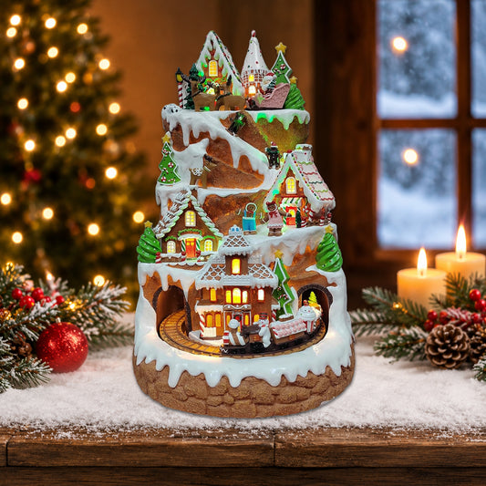 Gingerbread Mountain Christmas Village 21” Moving Train & Santa Sleigh