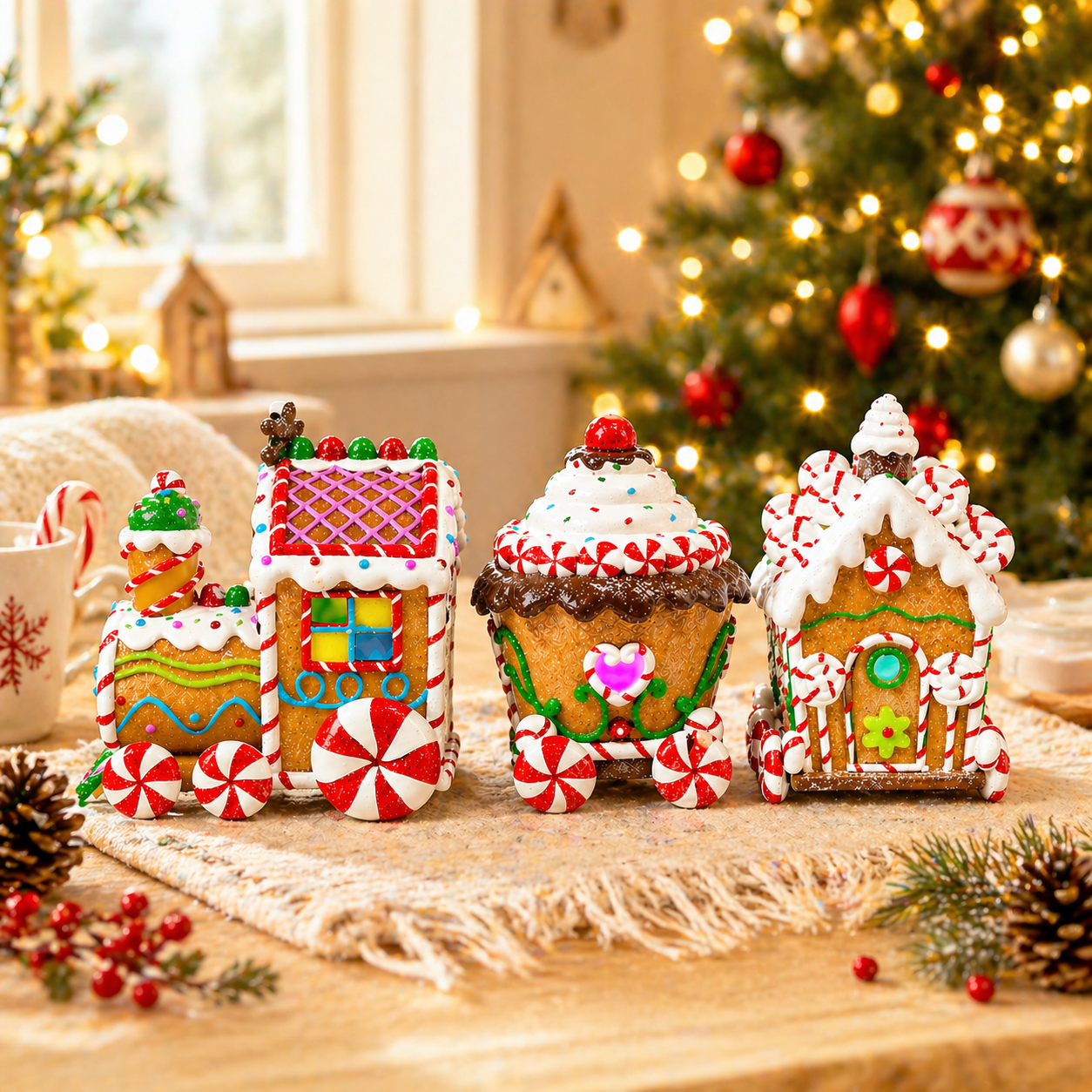 Gingerbread Train Set Handcrafted Light Up Christmas Train
